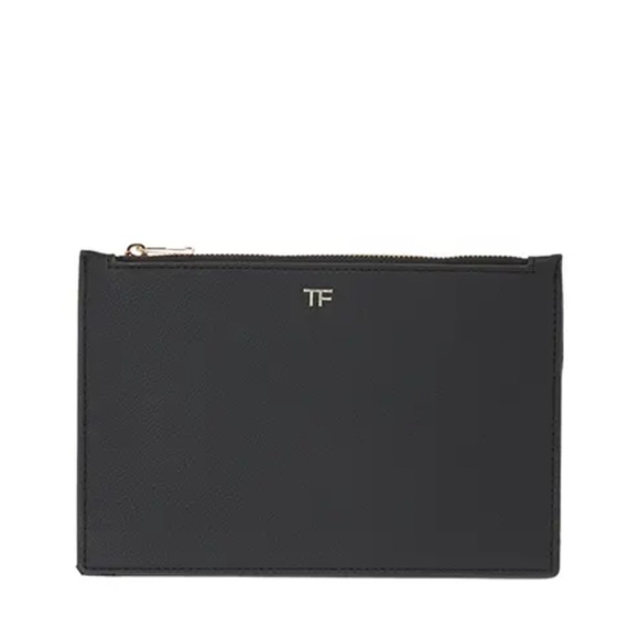 Tom Ford Pebbled Leather Black Large Clutch Pouch Gold Trim Zipper Authentic New - Picture 1 of 1